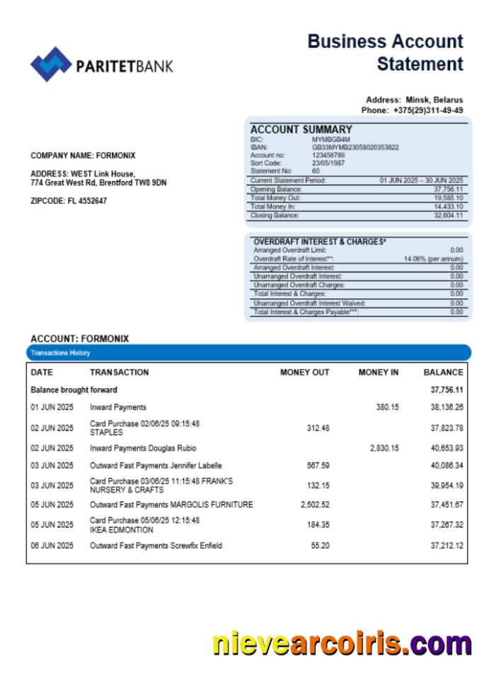 Paritet bank company account statement